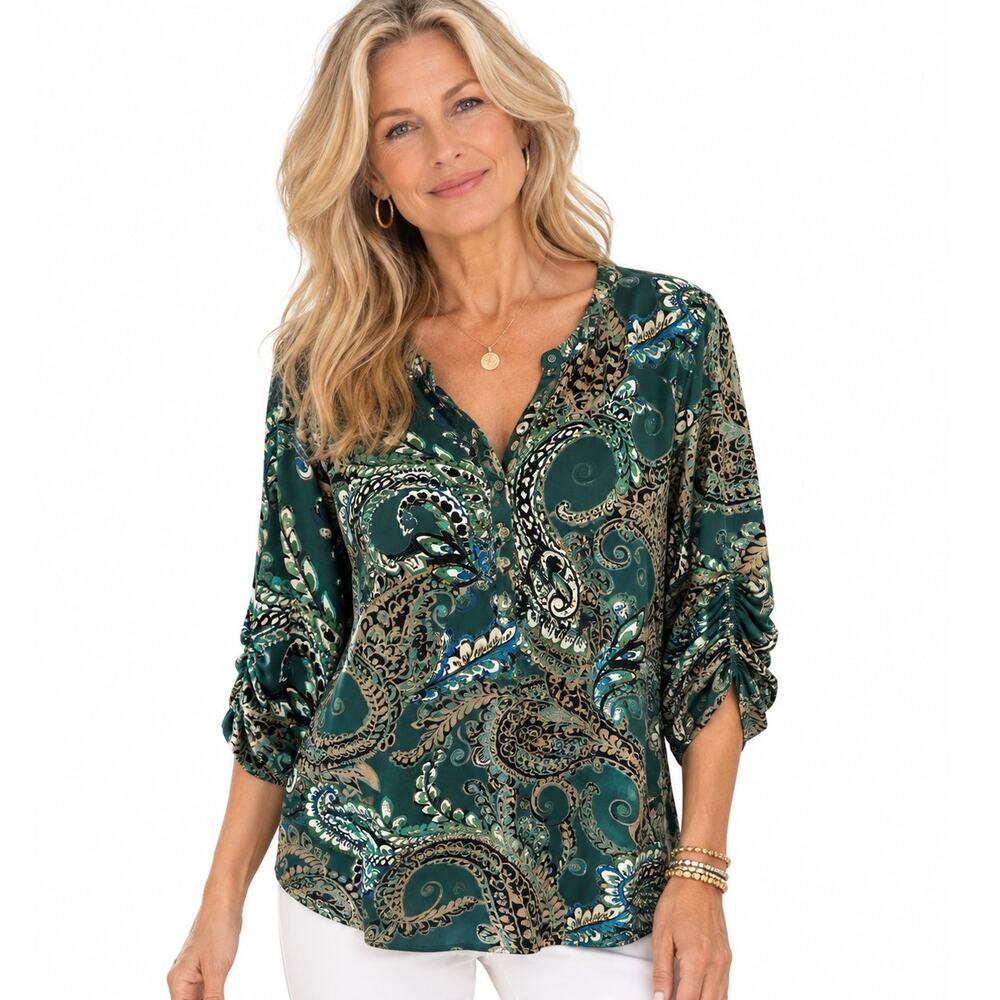 Susan Graver Liquid Knit Top Womens Large Green Floral Ruched Sleeve Popover